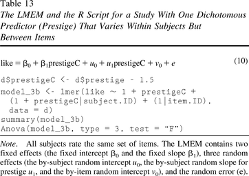 Figure 7. LMEM 和 R 脚本用于具有一个二分预测变量（声望）的研究，该变量 在 受试者内部但在项目之间有所不同
